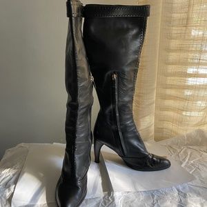 Louis Vuitton black leather zipper knee high boots heels 37.5 silver buckle 7.5
